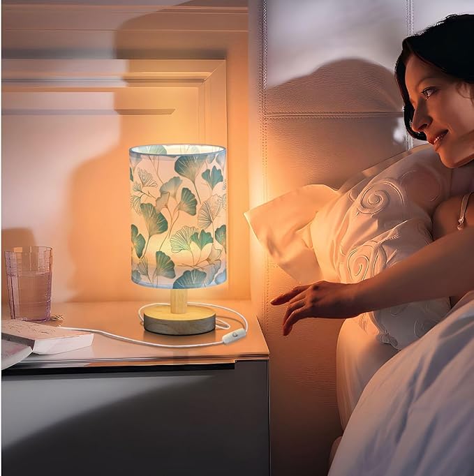 Fustylead Gold Teal Ginkgo Leaves Table Lamp for Bedroom USB Port Lamps Small Accent Table Lamp Nightstand Lamp Study Linen Shade with Wooden Base, Decorative Lamps for Bedside Reading|Kids|Dorm|Home