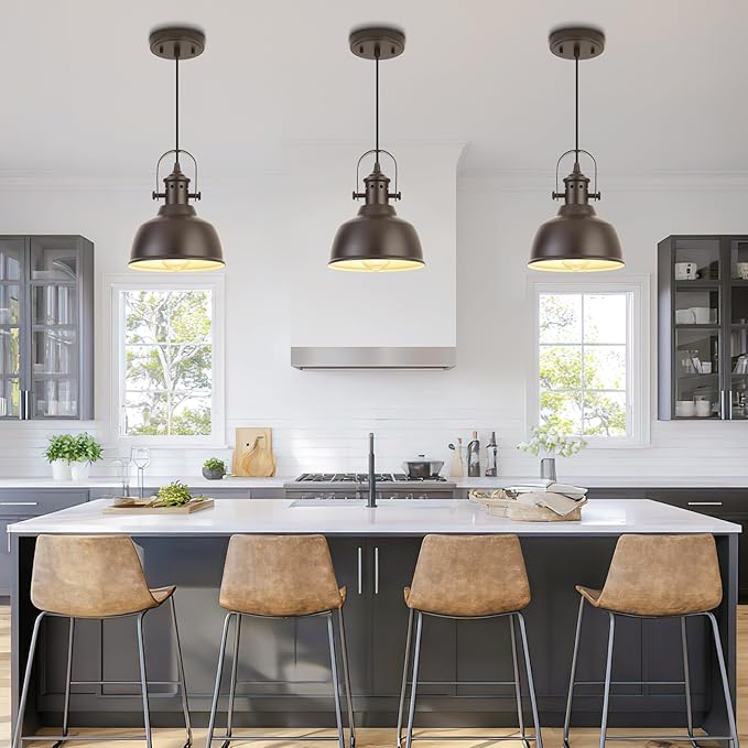 Farmhouse Small Pendant Lights, Oil Rubbed Bronze Pendant Lighting for Kitchen Island, lndustrial Adjustable Height Hanging Light for Barn, Dining Room, 2 Pack