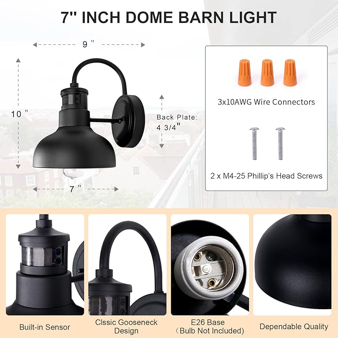 7in Motion Sensor Outdoor Barn Wall Lights Dusk to Dawn Exterior Gooseneck Lighting Wall Mount Small Dome Gooseneck Porch Wall Sconce Black Farmhosue External Garage Barn Lights