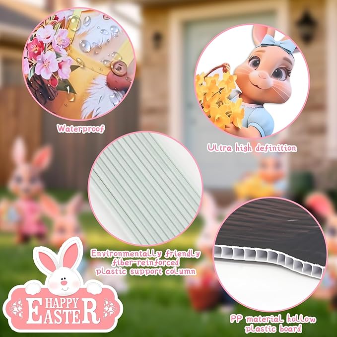 Outdoor Easter Decorations with 393.7 Inch LED Light for Home Bunny Porch, Plastic Easter Outdoor Bunny Yard Decorations, 6 Pcs, 13.78 x 9.45 In