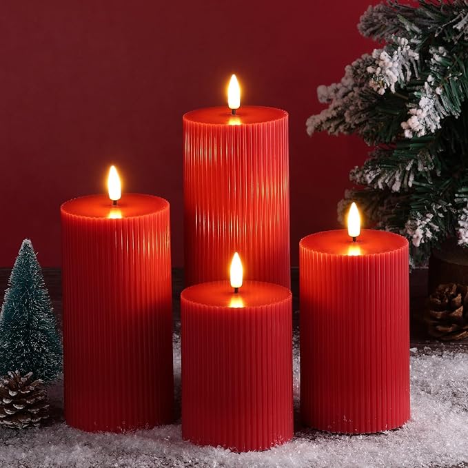 Red Ribbed Flameless Pillar Candles with Remote, Flat Top Flickering LED Wax Candles Battery Operated Set of 4