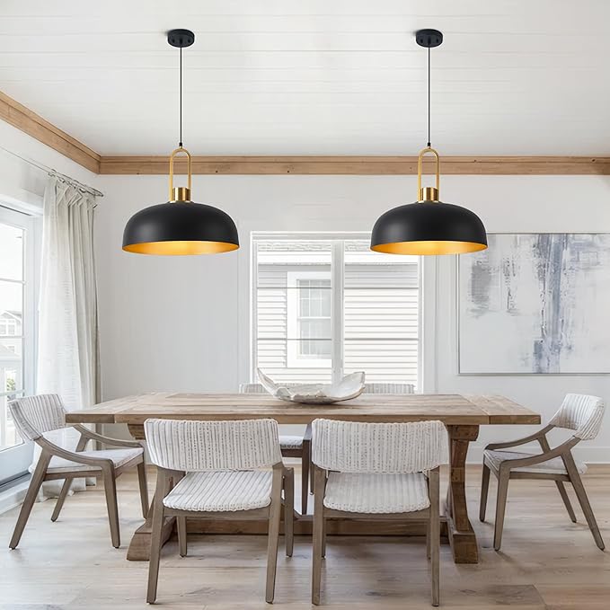Matte Black Dome Pendant Light 18" Large Farmhouse Pendant Lighting Fixture Vintage Black and Gold Chandeliers for Dining Room, Kitchen Island, Bedroom, Hallway