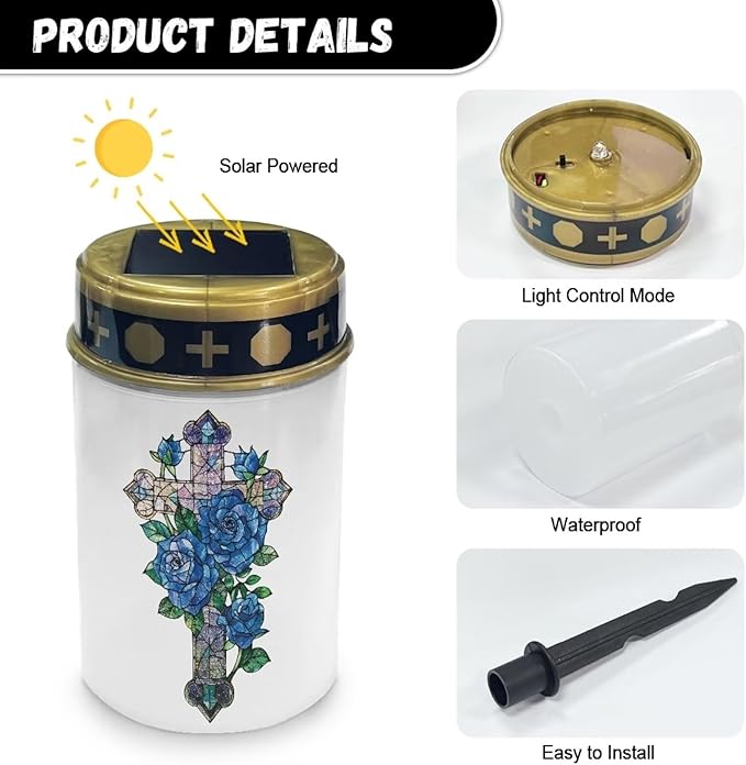 Light for Prayer Cemetery Solar Lights for Grave Cemetery Decor Candle Lamp Cross Blue Rose Grave Solar Lights Garden Cemetery Decor Memorial Gift