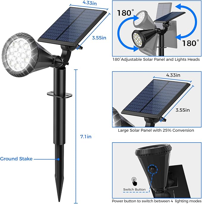 Solar Spot Lights Outdoor, 4 Modes/6 Pack Solar Spotlights Waterproof, 180° Adjustable Powered Landscape Lights, Outdoor Solar Lights for Yard Garden Pathway Flag Tree Wall Statue Cool White