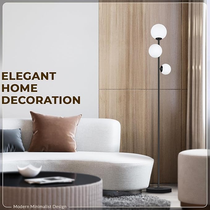 Soilsiu 3 Globe Floor Lamp - Mid Century Modern Standing Light with 3 Color Temperatures, LED Bulbs, Frosted Glass Shades for Living Room (Black)