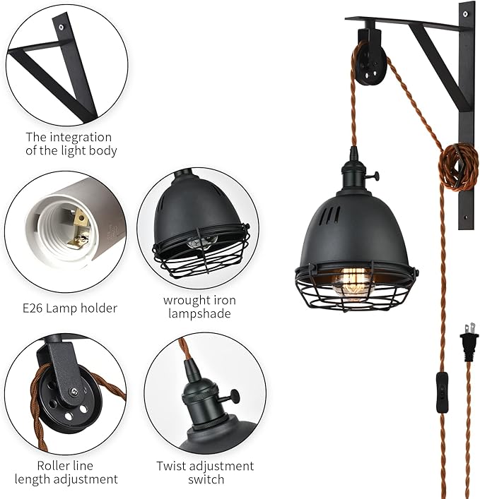 SEEBLEN Vintage Design Industrial Wheel Farmhouse Wall Mount Set of 2,Pulley Wall Pendant Lamp with 7-Foot Brown Plug and Switch, Adjustable Wall Sconce Sand Black Iron Cage Wall Light