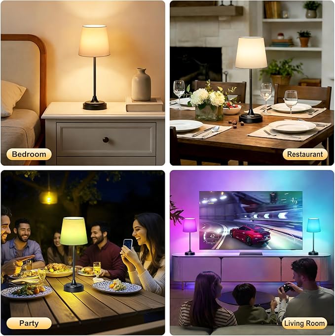 Cordless Table Lamp Rechargeable,5000mAh Battery Operated Desk Lamp,3 Colors & 7 RGB Stepless Dimmable,Touch Control Ambient Light for Bedside,Bedroom,Dining Room,Living Room,Black,WhiteShade