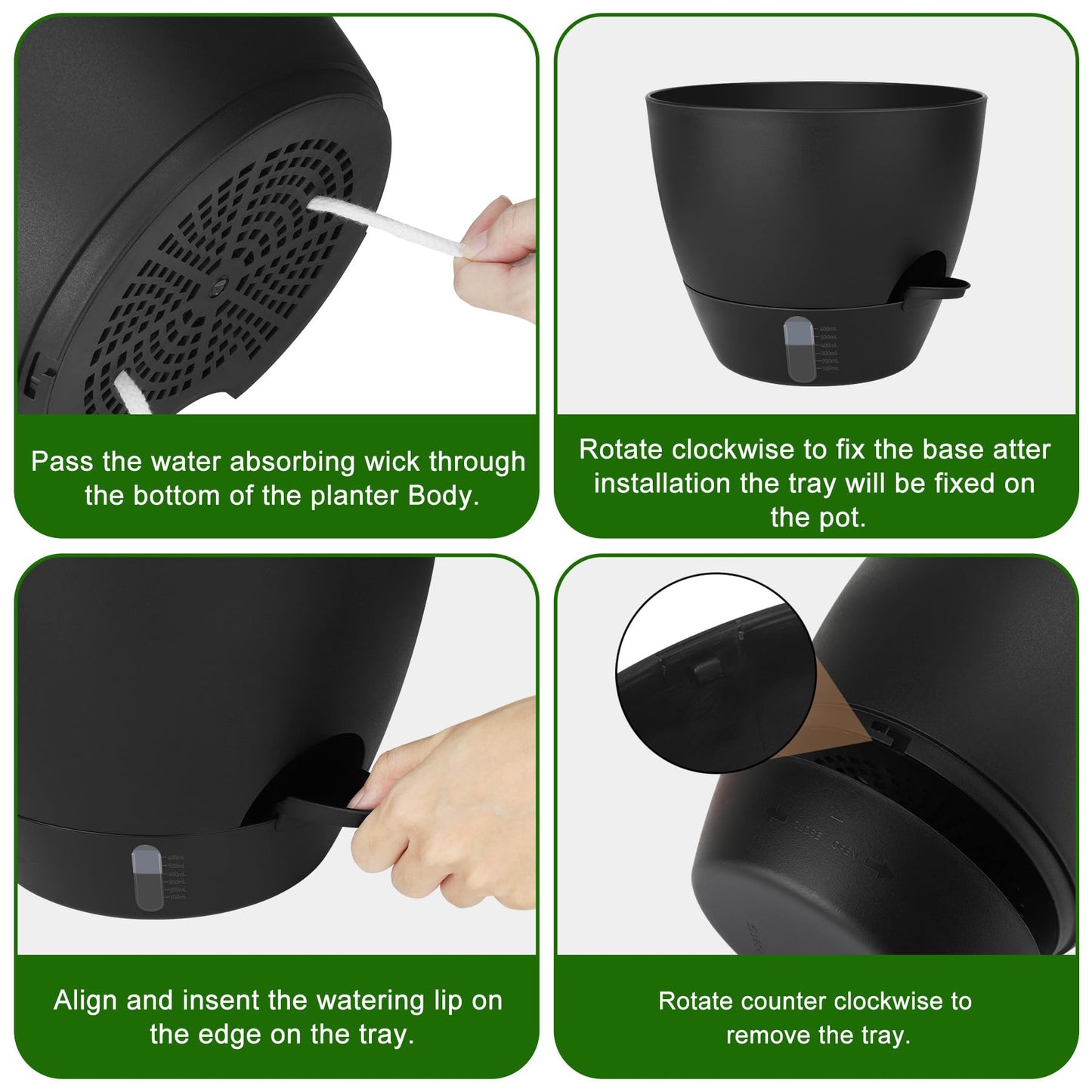 QRRICA Self-Watering Plant Pots with Water Level Indicator, Drainage Holes & Saucers โ 12/10/9 Inch Large Plastic Planter Set for Indoor & Outdoor Plants (Pure Black)