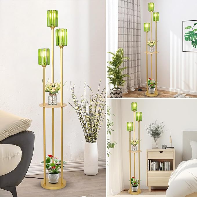 HMVPL Gold Floor Lamp for Living Room, Vintage Floor Lamp with Wood Shelf, Mid Century Standing Lamp with Table, Modern Tall Lamp with Green Crystal Shade, On/Off Switch, Boho Corner Lamp for Bedroom
