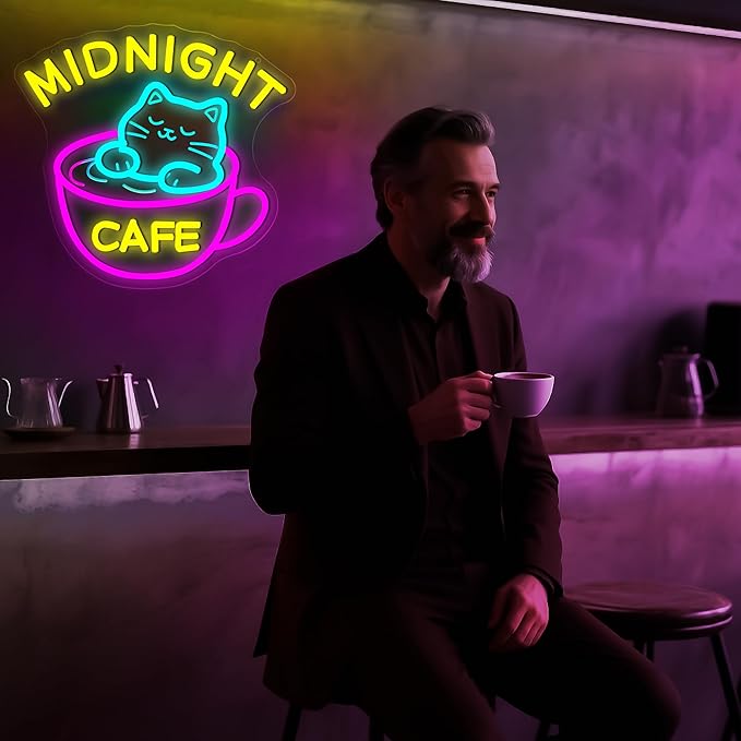Midnight Coffee Cat Neon Sign for Wall Decor Dimmable Cafe LED Light Sign for Business Coffee Bar Decor Cute Cat Cafe Signs for Shop Bar Kitchen Home USB Powered Light Up Sign Size 13 * 12.6in(P088)