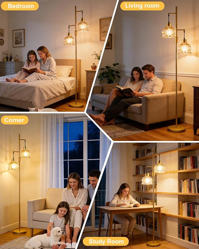 2-Light Gold Floor Lamp for Living Room, 65IN Tall Standing Lamps Dimmable with Brown Glass Lampshade, 3000K Warmwhite Mid Century Modern Floor Lamp for Bedroom/Office/Corner/Sofa Beside