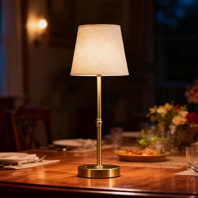 Cordless Table Lamp Rechargeable, LED Table Lamps with Touch Control, Stepless Dimmable Bedside Lamp, 6000mAh Battery Operated USB-C Lamp for Bedroom, Dining, Patio, Small Fabric Lamp Gold