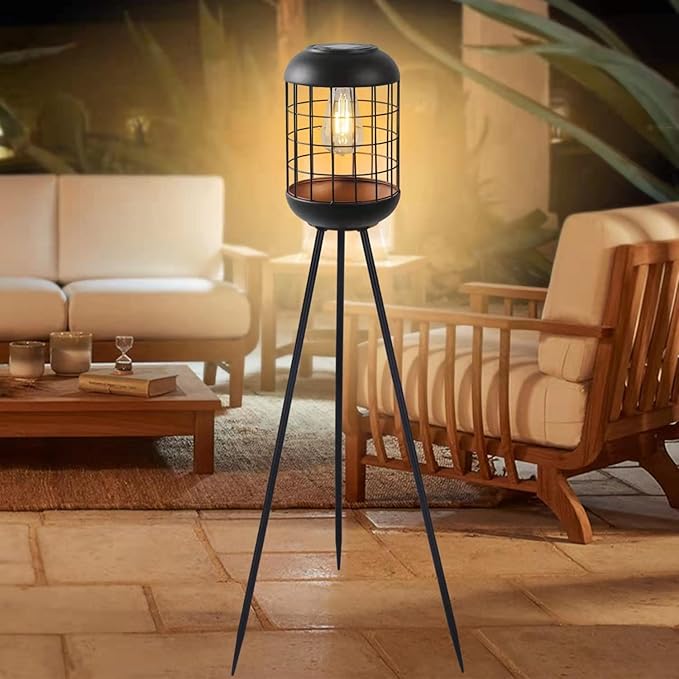 Solar Floor Lamp Outdoor Large Lanterns for Patio, Waterproof Big Solar Lamp Outdoor Metal Tripod Solar Lights for Deck Lawn Yard or Porch Decor(Black)
