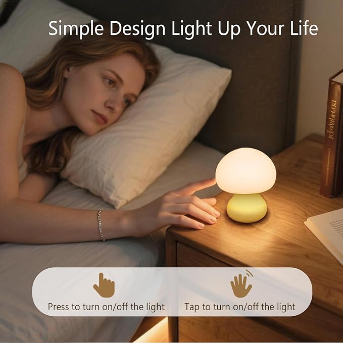 Vivilumens Mushroom Night Light for Kids 3 Level Dimmable Touch Control, Auto-Off Timer, Baby Safe BPA-Free Silicone, Portable Cordless Night Lamp Birthday Gifts for Nursery Bedroom Decor Travel