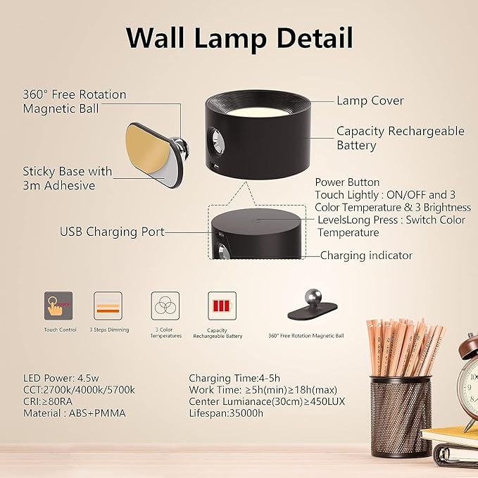 LED Wall Sconce, Wall Mounted Lamp with Rechargeable Battery Operated 3 Color Temperature & 3 Brightness Level 360°Rotate Magnetic Ball, Cordless Wall Light for Reading Bedside-White