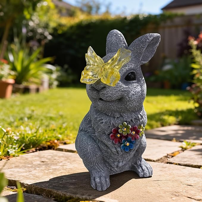 Solar Bunny Garden Statue with Glowing Butterfly - 8.3" Outdoor Garden Decor for Yard, Patio - Resin Rabbit Figurine Lights - Ideal Easter Decorations & Birthday Gifts for Mom, Grandma