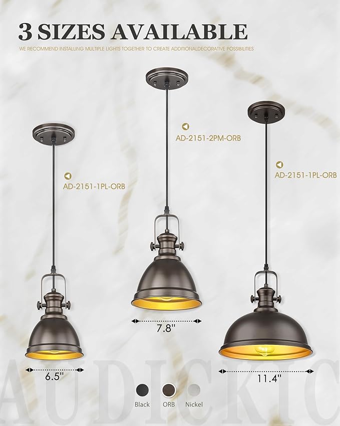 Pendant Lights Kitchen Island, 8" Farmhouse Hanging Lights Fixtures with Metal Shade, Rustic Kitchen Pendant Lighting Over Island for Dining Room, Oil Rubbed Bronze, AD-2151-1PM-ORB