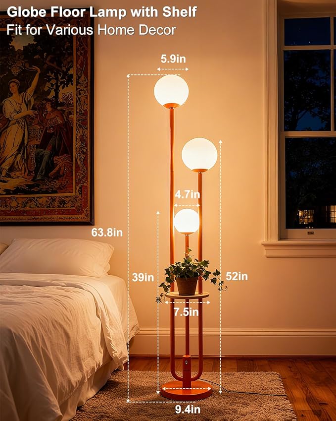 Lightdot 63IN Orange Floor Lamp with Shelf Mid Century Modern Tall Standing Lamps with 3000K Warm White Bulb Included Dimmable Globe Floor Lamp for Living Room/Party/Sofa Beside/Corner Decor