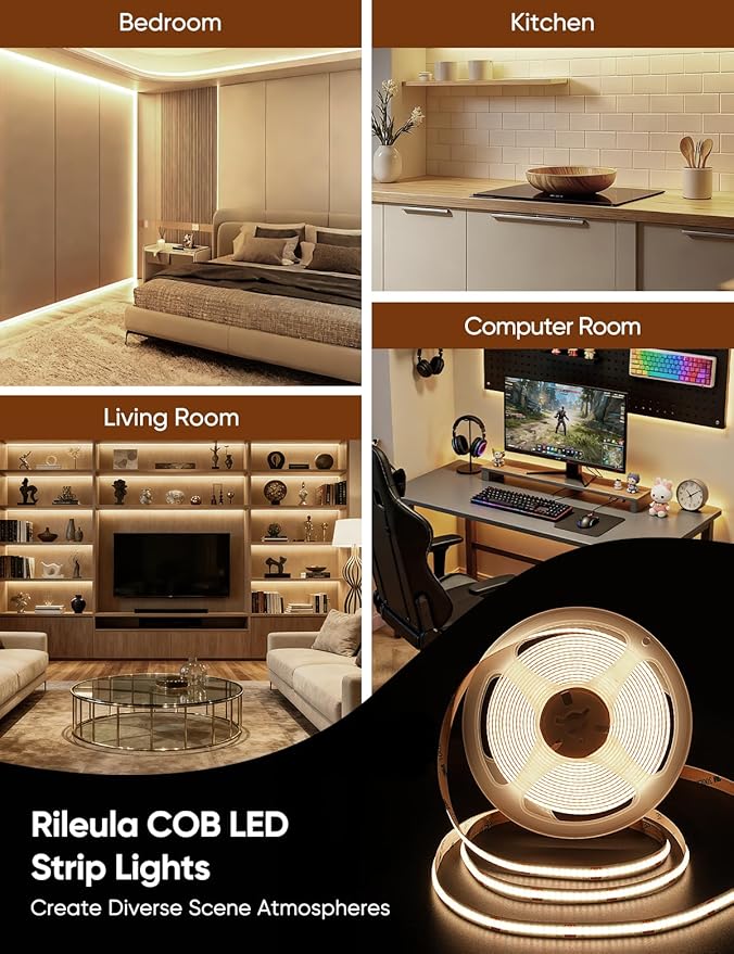 COB LED Strip Lights 4000K Natural White Music Sync Bluetooth LED Lights with DC24V Adapter Remote Smart App Control 16.4ft/5m CRI90+ Touchable LED Rope Lights for Bedroom Kitchen DIY Decor