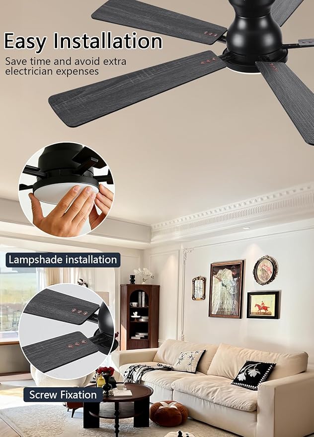 Ceiling Fans with Lights, 52Inch Low Profile Ceiling Fan with Light and Remote/App Control, Modern Flush Mount Black Ceiling Fan, 3CCT Dimmable, Reversible DC Motor, for Living Room,Bedroom