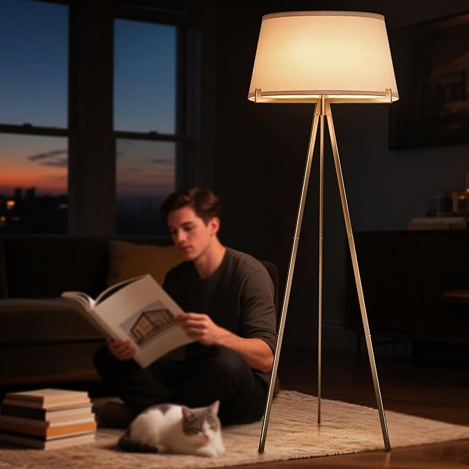Tripod Floor Lamp with Linen Drum Shade, Tripod Lamps for Living Room,Mid Century Modern Floor Lamp,Modern Polished Brass Finish Reading Standing Lamp for Living Room, Bedroom, Office