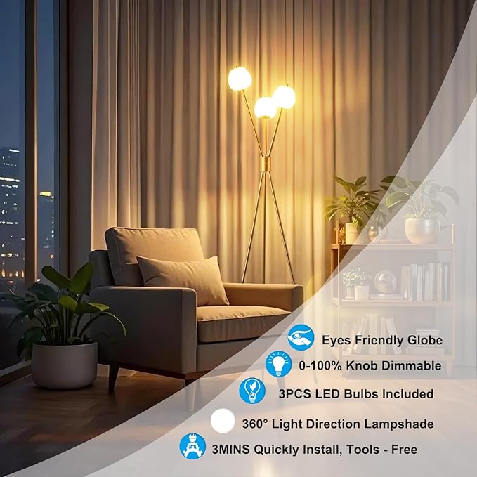 Fiqevs Dimmable Tripod Floor Lamp for Living Room, 3 Globe Modern Gold Floor Lamp with Elegant Frosted Sphere Glass Shade and LED Bulbs, Standing Tall Lamp for Bedroom, Office - Antique Brass