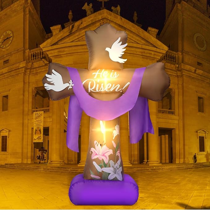 6 ft Easter Inflatable Outdoor Yard Decoration Blow up Inflatable He is Risen Cross Set with Build in LED Lights Decor for Easter Spring Party Lawn Supplies