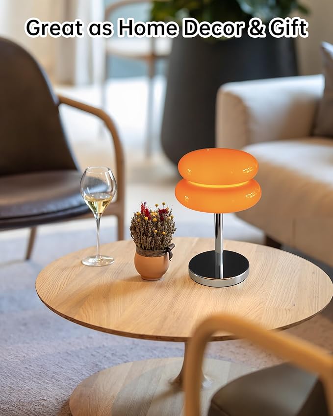 Mushroom Table Lamp for Bedroom, Cordless Mid Century Modern Lamp, Cute Egg Tart Small Night Light, 6000mAh Rechargeable Table Light for Living Room Nightstand Home Mushroom Decor Aesthetic (Orange)
