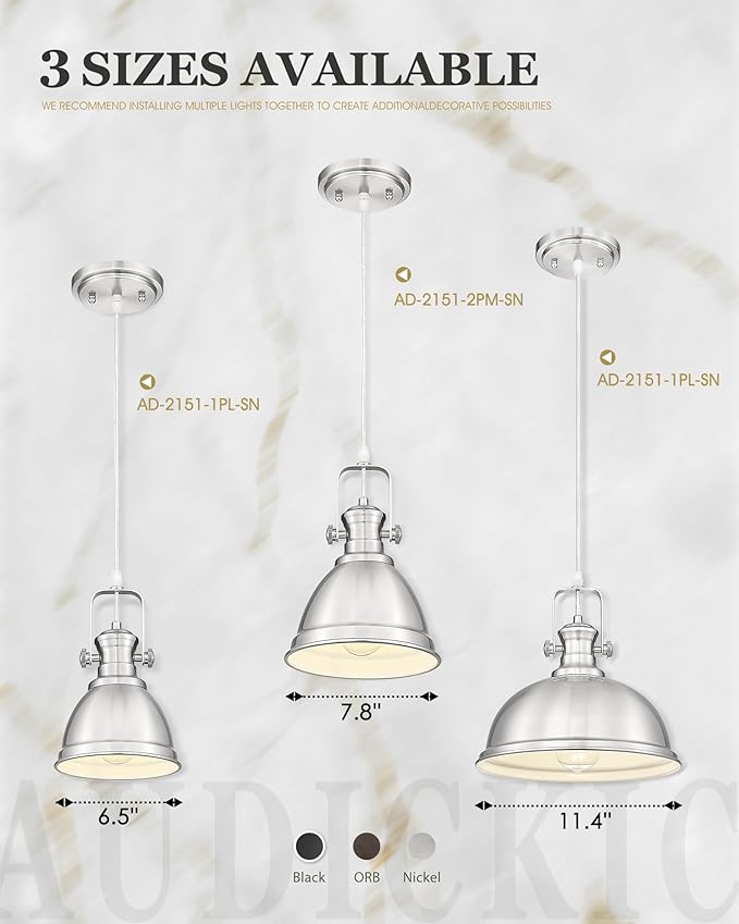 Pendant Lights Kitchen Island, 8" Farmhouse Hanging Lights Fixtures with Metal Shade, Rustic Kitchen Pendant Lighting Over Island for Dining Room, Brushed Nickel, AD-2151-1PM-SN