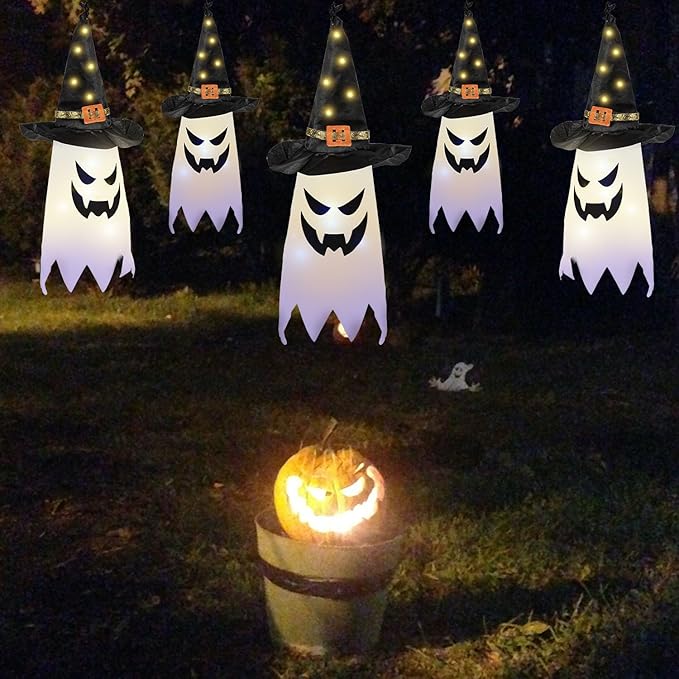 Halloween Decorations Outdoor, 5 PCS Hanging Lighted Glowing Ghost Witch Hat Outdoor Ornaments, Halloween Decor for Party Home Tree Garden Yard Party Favors