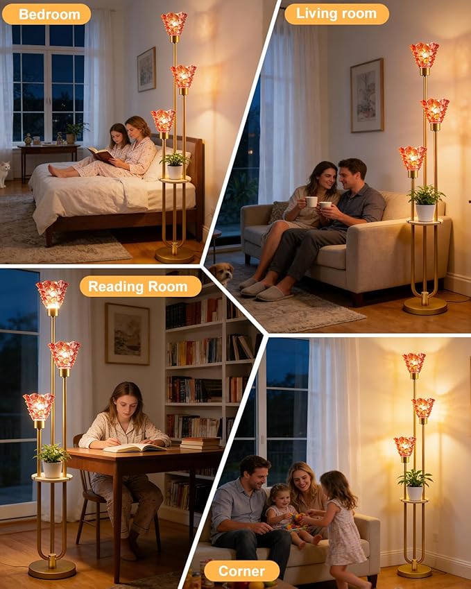 Glass Floor Lamp with Table, 62'' Gold Standing Tall Lamps with Rose Red Glass Shade, 3000K Warmwhite Mid Century Modern Floor Lamp for Living Room/Bedroom/Sofa Beside/Home Corner