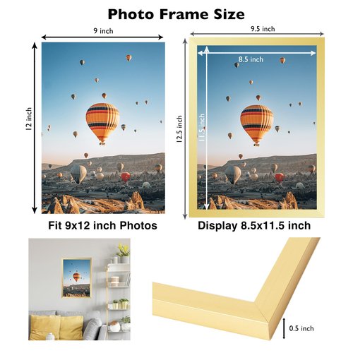 JCJMY 9x12 Picture Frame Gold for Wall Hanging, Wall Mounting Horizontally or Vertically, 9 x 12 Wall Gallery Poster Photo Frame with Durable Shatter Resistant Plexiglass, Gold