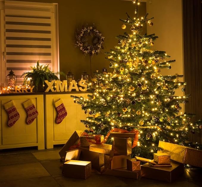 LAMPHOME 33ft Golden Christmas Decorative Mini Lights, 100 LED Transparent Wire Fairy Starry String Lights Plug in, 16 Lighting Modes, for Indoor Outdoor Xmas Tree Wedding Party Decoration (Yellow)