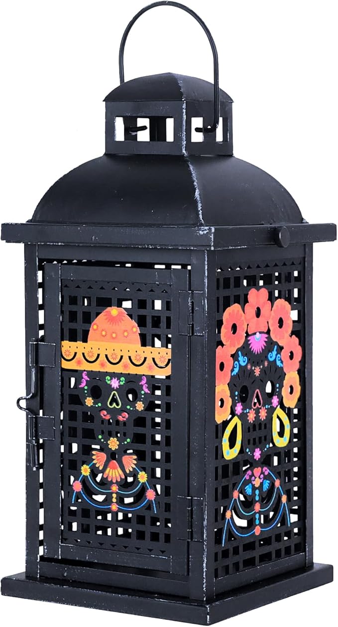 Day of The Dead Decorations, DECORKEY 13.4’’ Decorative Skull Women&Men Candle Lantern with 60" Lights(No Battery), Tabletop&Hanging Lantern for Indoor&Outdoor Yard Altar Table Party Halloween Decor