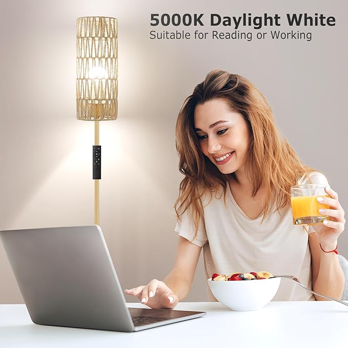 Ambimall 64'' Floor Lamps for Living Room with Remote Control and Stepless Dimmable Colors Temperature & Brightness, Boho Gold Standing Lamp with Beige Rattan Shade