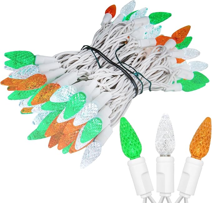 Novelty Lights 24FT 70 LED C6 LED St. Patrick's Day String Lights, Outdoor Christmas Tree Commercial Grade LED String Lights, Christmas Lights Outdoor Tree Decorations Outdoor (Green/White/Orange)