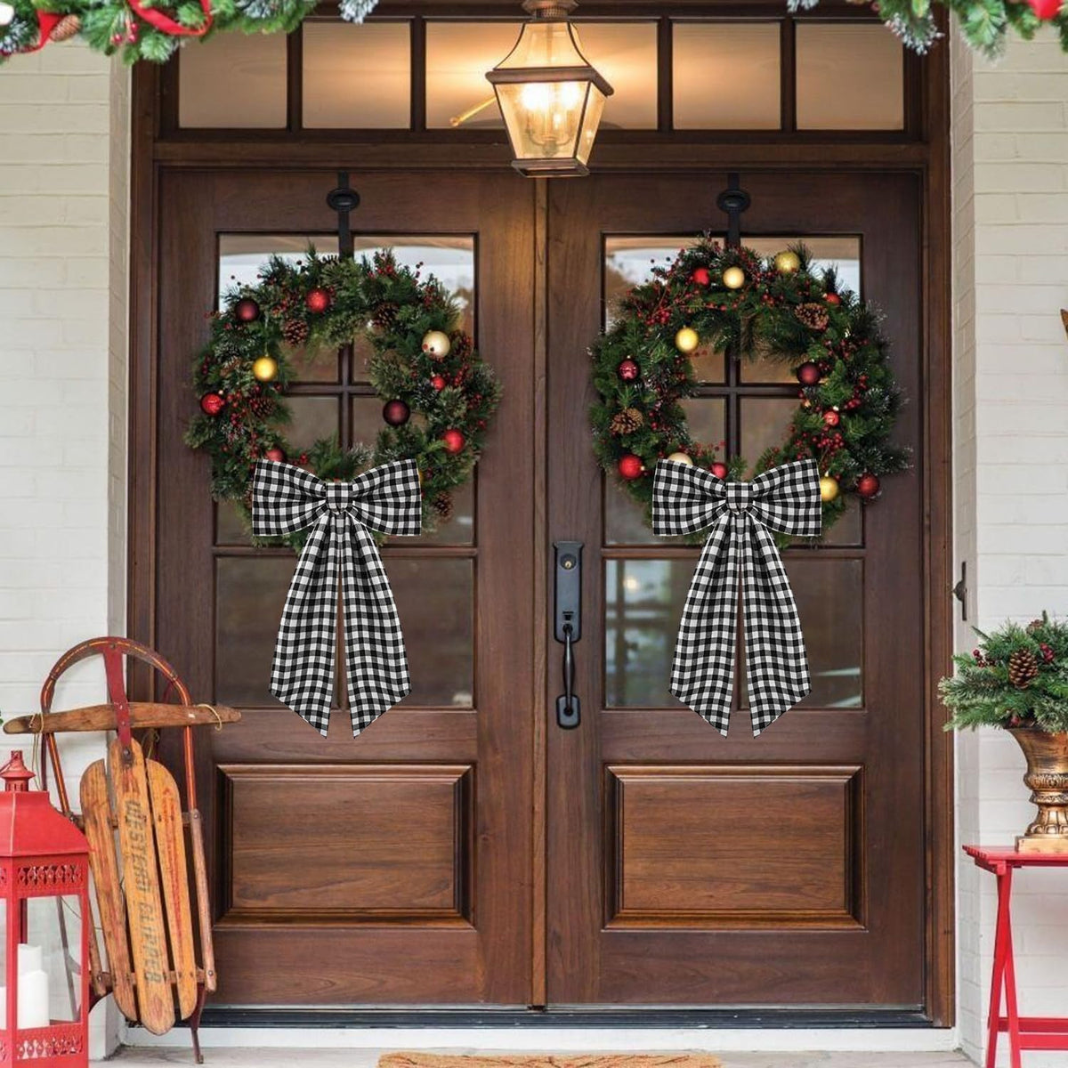 Skiennix 2 Pack Wreath Sash - Stylish Boxwood Garland Decor for Front Door | White & Black Plaid