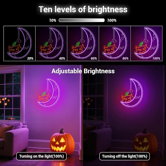 Halloween Pumpkin Moon Window Lights Decorations Indoor, Pumpkin&Moon Themed Neon Sign Decor LED Neon Lights for Wall Decor, Decorating Windows, Doors, Party (Purple)