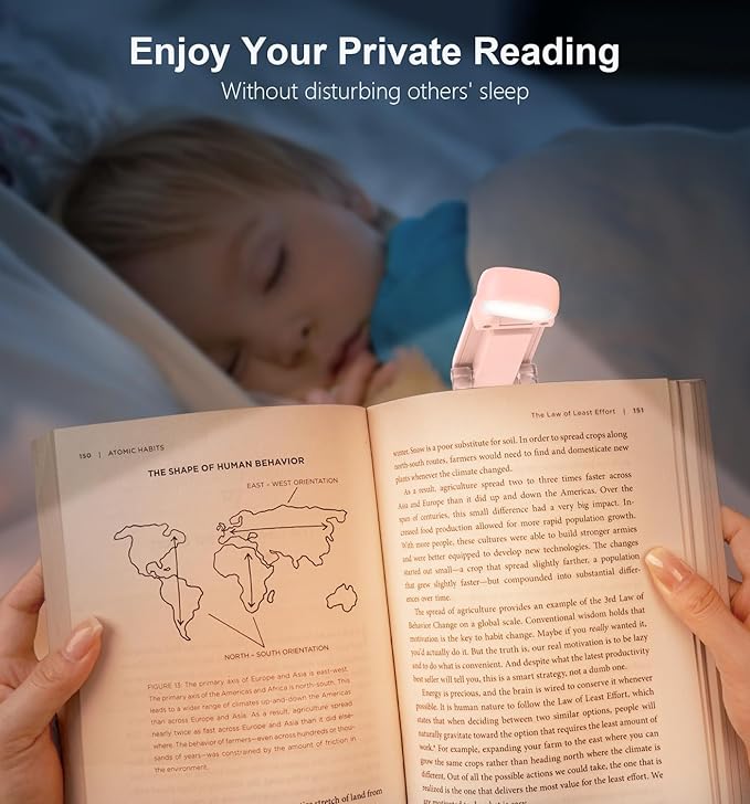 Gritin Reading Light, Rechargeable Book Light for Reading in Bed - Eye Caring 3 Color Temperatures, 5-Level Dimmable Brightness, Long Lasting, Compact Size Clip on Book Lamp for Bookworms-Pink