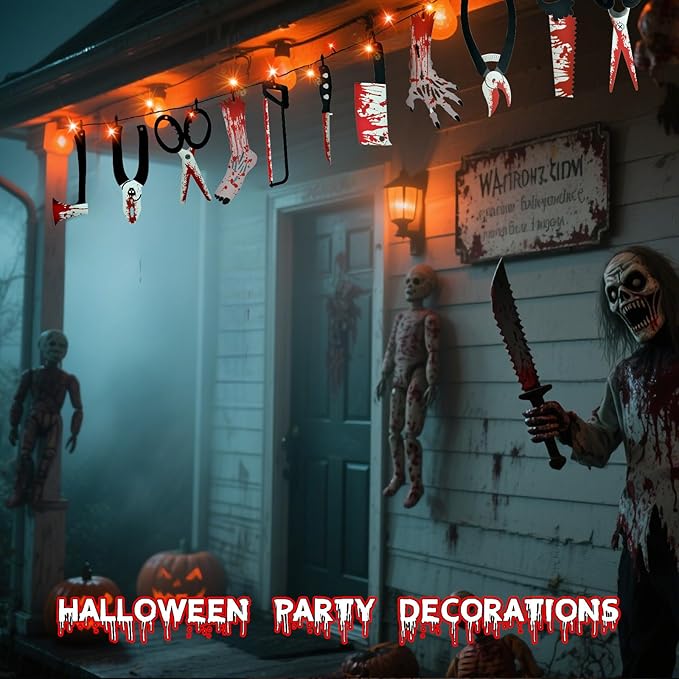 Halloween Party Decorations with 11FT Halloween Lights String and 15 Fake Props, 8 Modes Timer Waterproof Indoor Outdoor Battery Operated, Orange