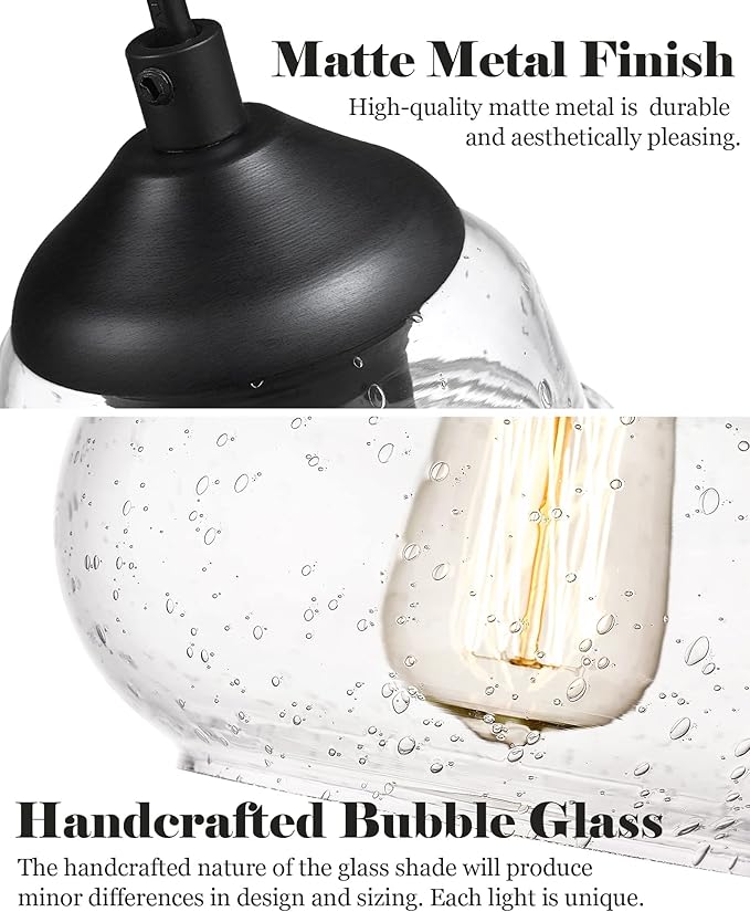 ELYONA 8 Inch Globe Pendant Light Bubble Glass Industrial Kitchen Island Hanging Pendant Light Fxiture Modern Hand Blown Seeded Glass for Farmhouse Dining Room Bar Bedroom Living Room Black