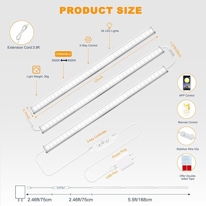 Daymeet Under Cabinet Lights, Super Bright Led Under Cabinet Lighting 3 Color Temperatures Dimmable 12 Inch Ultra Thin Cabinet Lights with Remote App Control, Led Light for Kitchen Closet (3 Pcs)