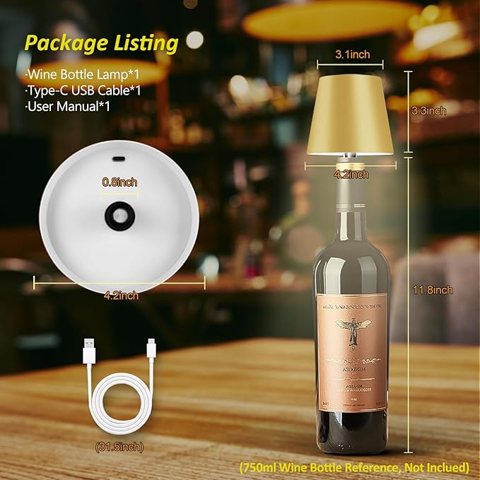 2025 New Wireless Bottle Lamp - LED Bottle Lights for Liquor & Wine Bottles, Cordless Lampshade, Whiskey Bottle Top Light,Golden Yellow Rechargeable 3-Tone Touch-Dimmable