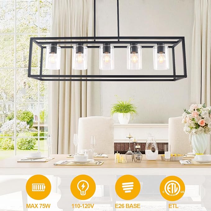 Kalium Chandeliers for Dining Room, 5 Light Dining Room Light Fixture Modern Metal Industrial Kitchen Lighting Fixtures Easy Installation Pendant Lights for Bar Restaurant, Coffee Shop-E26 Base,Black