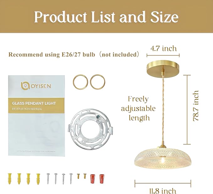 Hanging Lights, 11.8 Inch Glass Shade Kitchen Island Light Fixtures Braided Adjustable Light Cord Pendant Lights Vintage Hanging Pendant Light for Kitchen and Bedroom