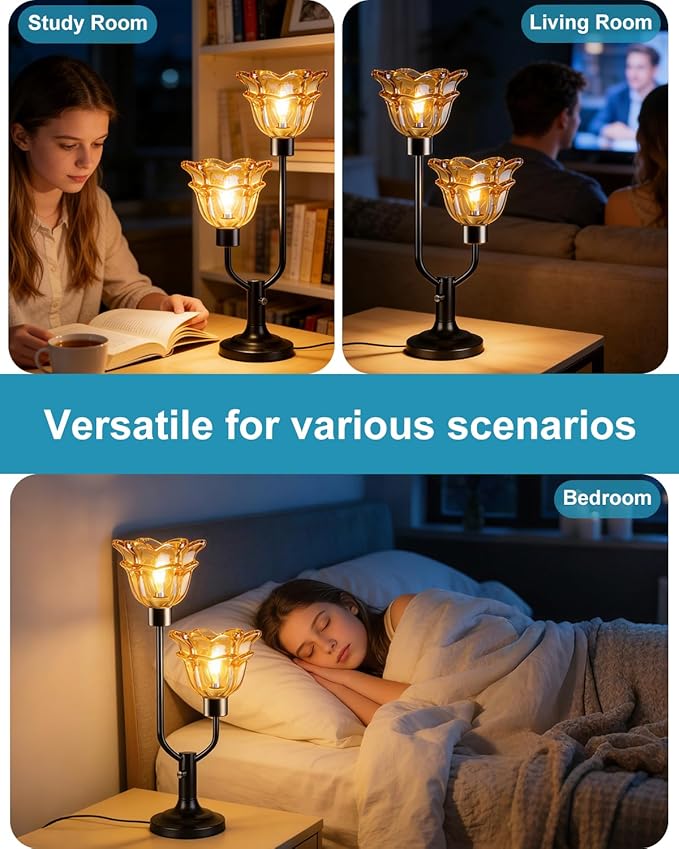 Lightdot Mid Century Modern Flower Table Lamp Black Dimmable U-Shaped Brown Glass Desk Lamps with 2Pcs 3000K Warmwhite Bulbs Included Bedside Nightstand Lamp for Living Room Bedroom
