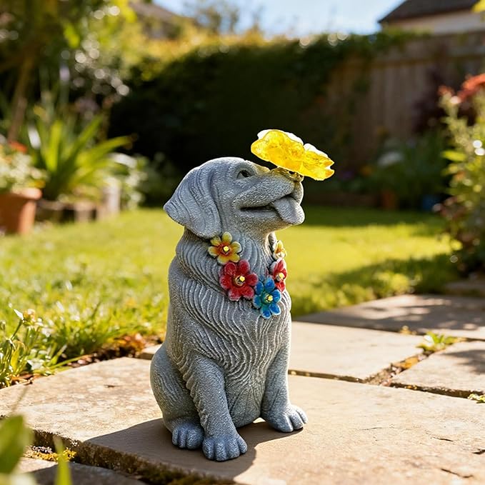 Dog Garden Statue with Solar Butterfly Light - Adorable Labrador Figurine with Flower Garland - Outdoor Decor for Patio & Pet Memorial Gift - Christmas Housewarming Birthday Gifts for Grandma Mom