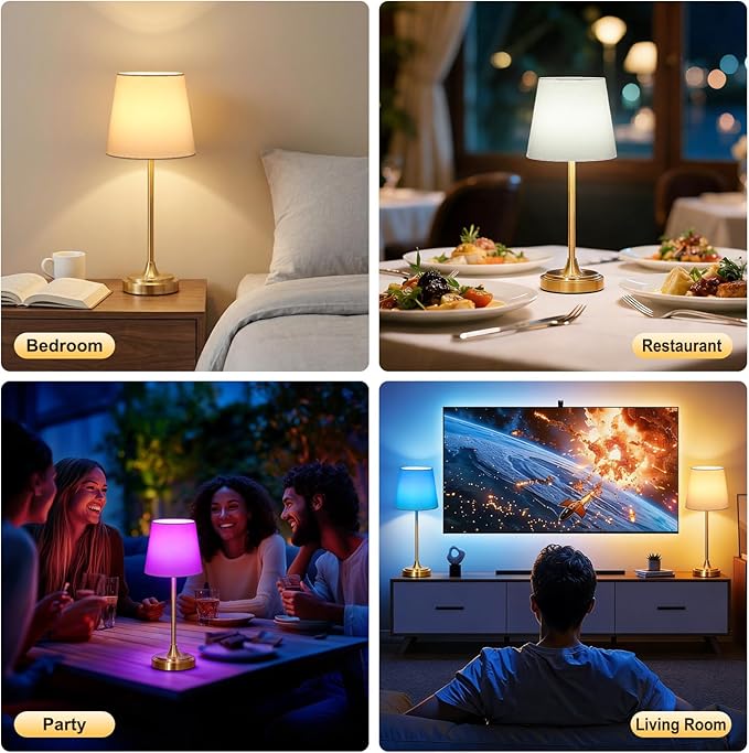Cordless Table Lamp Rechargeable,5000mAh Battery Operated Desk Lamp,3 Colors & 7 RGB Stepless Dimmable,Touch Control Ambient Light for Bedside,Bedroom,Dining Room,Living Room,Gold,WhiteShade