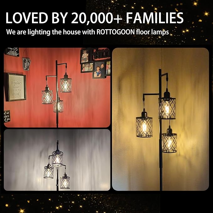 ROTTOGOON Dimmable Farmhouse Floor Lamp, Industrial Floor Lamp for Living Room with 3 X 6W LED Bulbs, 3 Light Rustic Standing Tall Lamp for Bedroom, Office, 68"