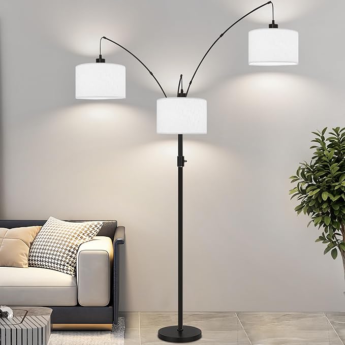 Dimmable Floor Lamp - 3 Lights Arc Floor Lamps for Living Room,Modern Tall Standing Tree Lamp with White Drum Linen Shade & Heavy Base,Mid Century Floor Lamp for Bedroom Corner Office,Bulbs Included